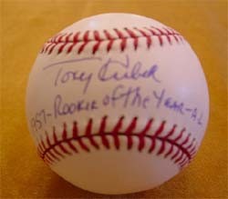 Tony Kubek Autographed Baseball with 1957 Rookie of the Year A.L. Inscription